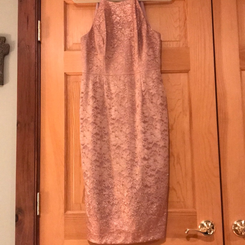 Rose gold colored dress.  Shimmers in the light!